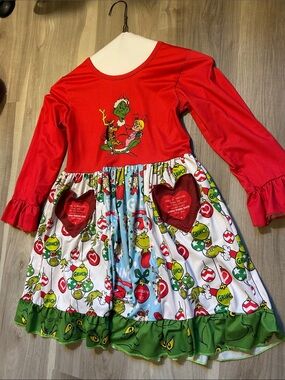 Grinch Holiday Dress with Heart Pockets - Red & Multicolor girls 7-8